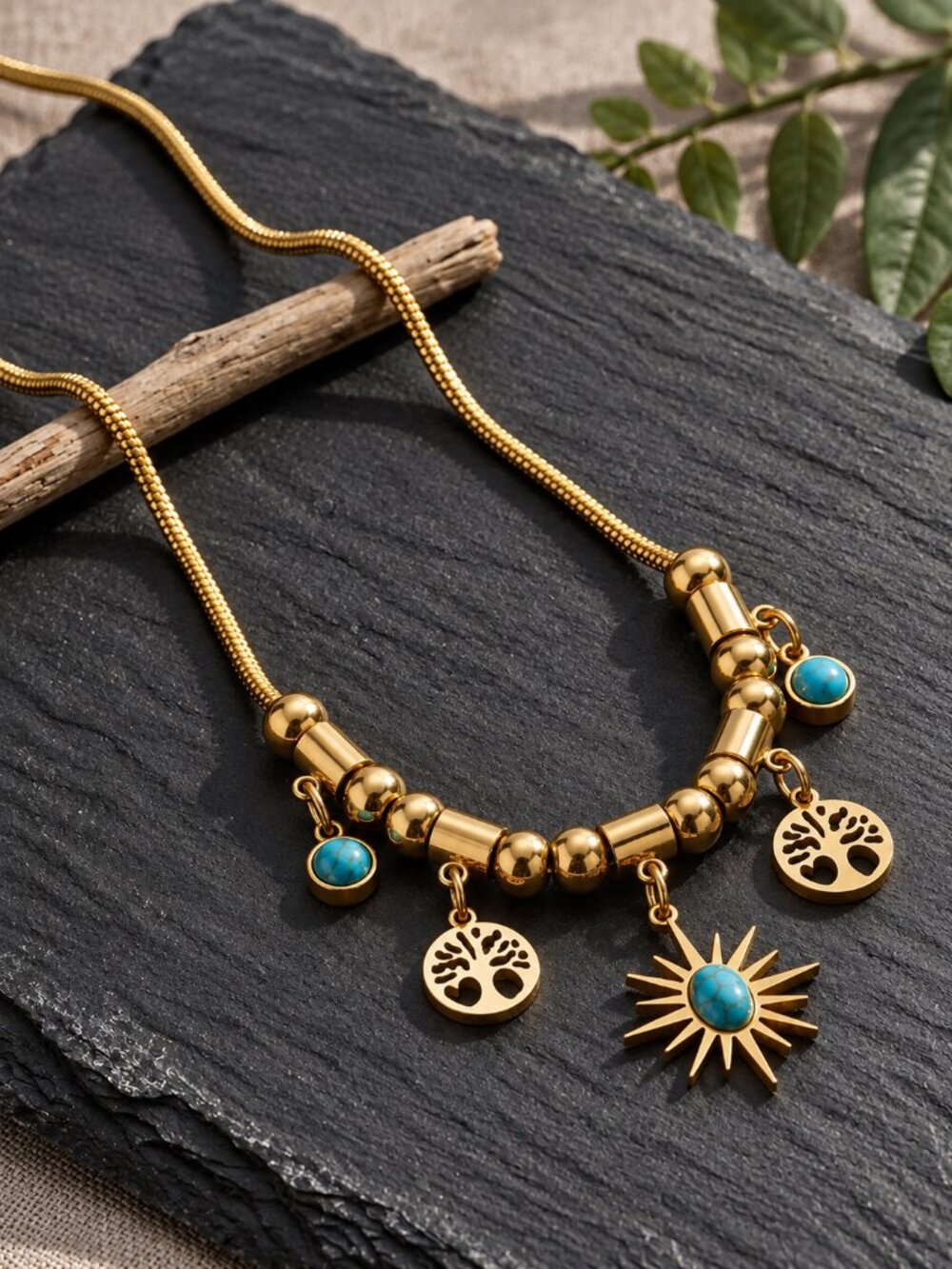 Sunburst Tree of Life Turquoise Charm Necklace 18K Gold Plated Stainless 15.5" L